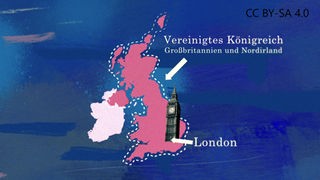Zeichnung der Britischen Inseln mit der Beschriftung "Vereinigtes Königreich Großbritannien und Nordirland"