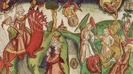 Druckgrafik aus der Kölner Bibel (ca. 1478): "Die Hure Babylon" und der Engel mit dem Mühlstein