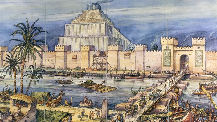 Schulwandbild "Leben in Babylon": Eine Brücke führt über einen Fluss zu einer ummauerten Stadt mit einem pyramidenartigen Turm