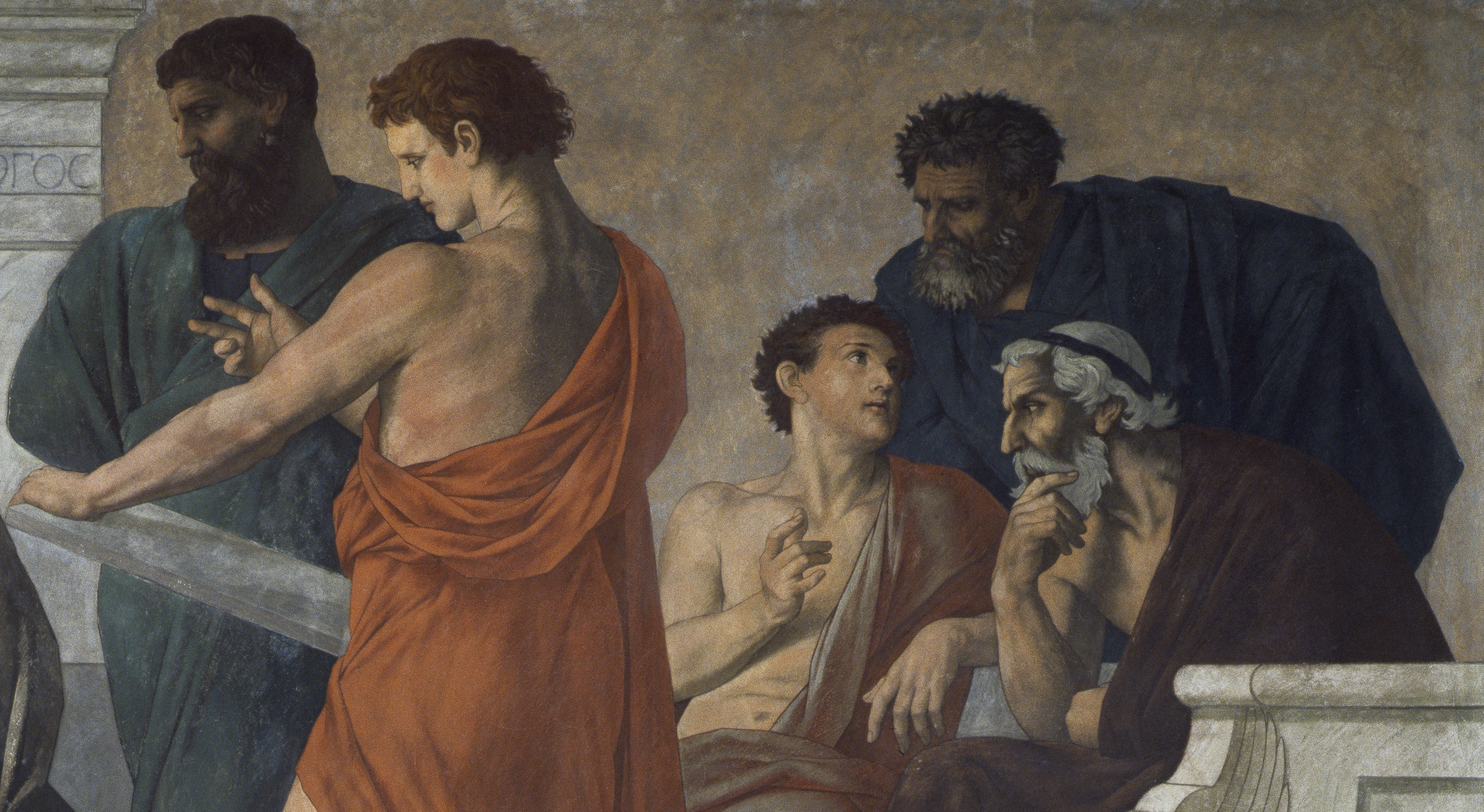 Wandgemälde: Aristoteles und seine Schüler