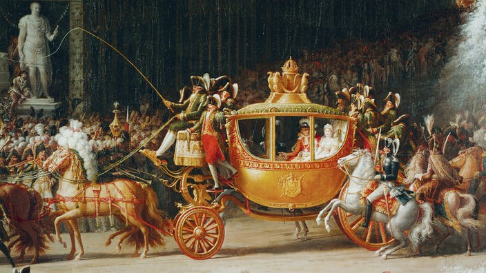 Gemälde von der Hochzeit Napoleons. Eine prunkvolle, goldene Kutsche fährt über eine Straße