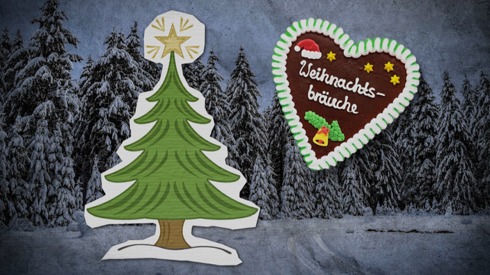 Ein Tannenbaum vor einer Winterlandschaft, daneben ein Lebkuchenherz mit der Aufschrift "Weihnachtsbräuche"