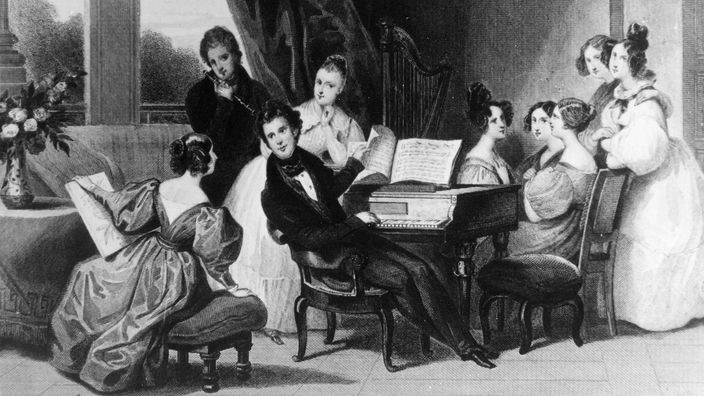Zeichnung: Chopin am Klavier, umgeben von Zuhörerinnen