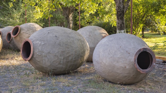 In einem Garten liegen mehrere große Tongefäße, sogenannte Quevris, die in Georgien zur traditionellen Weinherstellung verwendet werden.