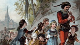 Farblithographie aus einem alten Märchenbuch: Ein Mann mit Flöte führt einen Zug von Kindern aus einer Stadt heraus