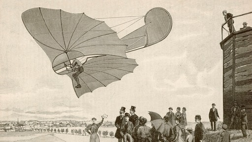 Historische Zeichnung: Otto Lilienthal gleitet mit einem Gleitschirm vor Publikum durch die Luft